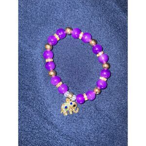 Purple & Gold Beaded Stretch Bracelet w/ Multicolor Elephant Charm